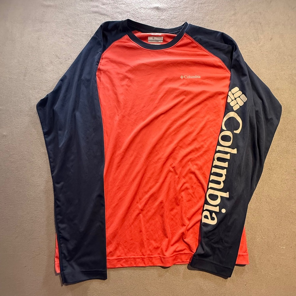 Columbia Omni-Shade Mens XL Long Sleeve Sun Shirt Red Navy Blue Regular Fit
